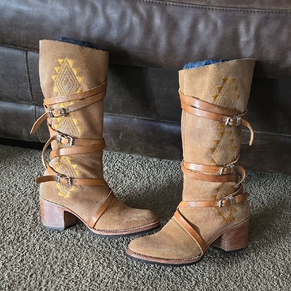 Freebird by Steven Shoes - Freebird by Steven Tan Heeled Boots with Buckle Straps